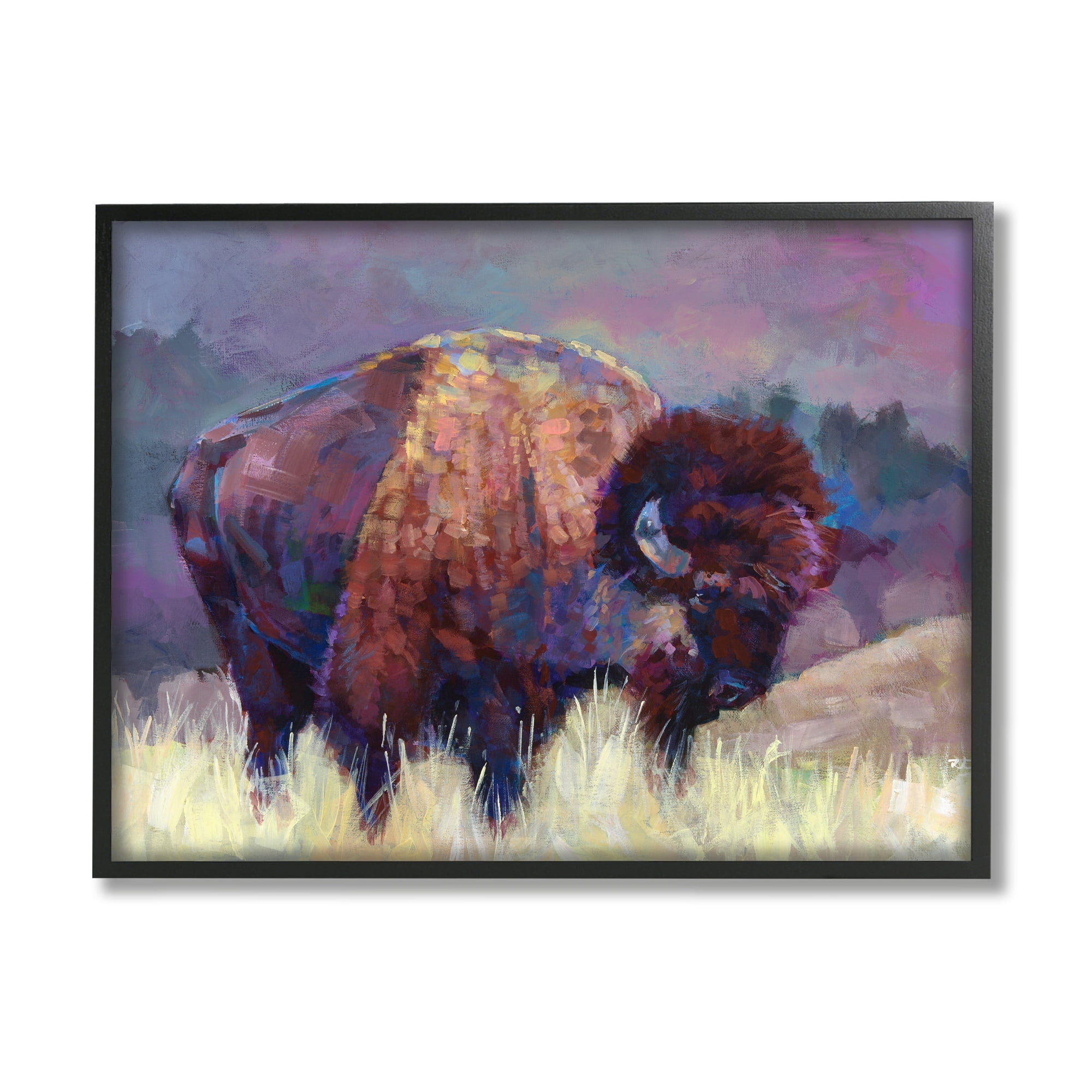 Stupell Industries Vibrant Bison Grazing Rural Meadow Purple Landscape Painting Black Framed Art Print Wall Art, Design by Robert Jackson