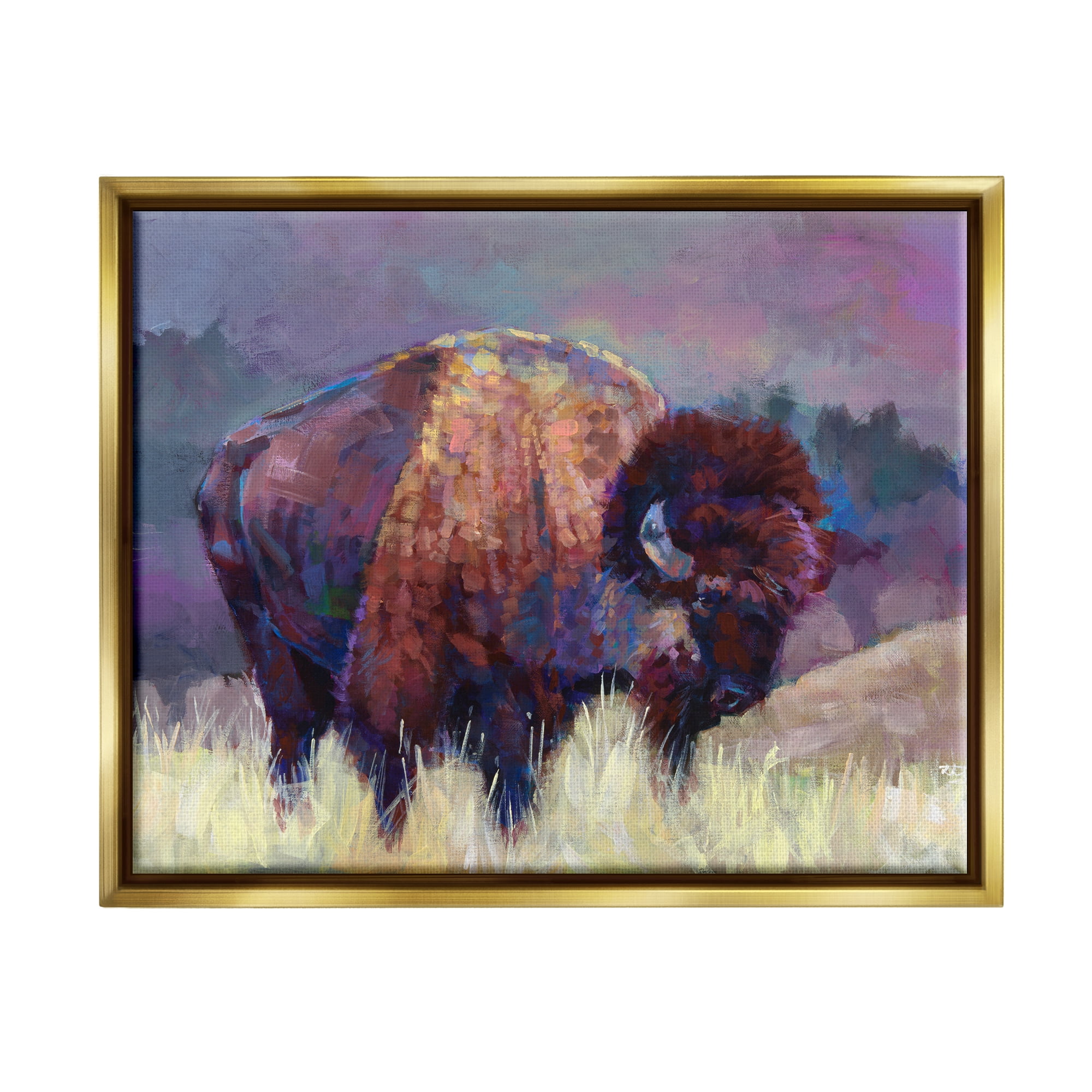 Stupell Industries Vibrant Bison Grazing Rural Meadow Purple Landscape Painting Metallic Gold Floating Framed Canvas Print Wall Art, Design by Robert Jackson
