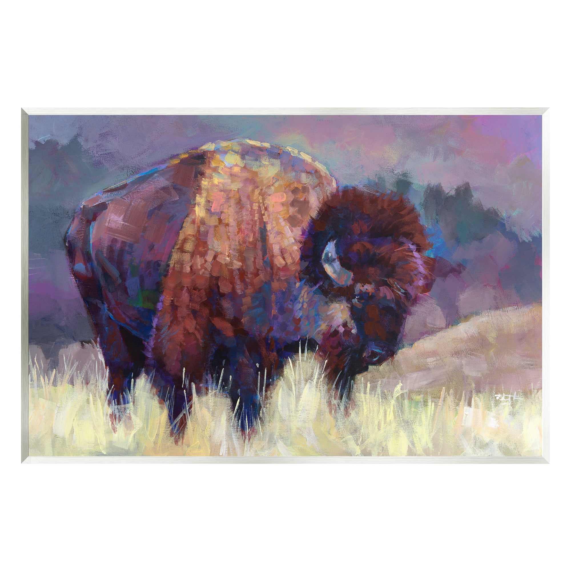 Stupell Industries Vibrant Bison Grazing Rural Meadow Purple Landscape Painting Unframed Art Print Wall Art, Design by Robert Jackson