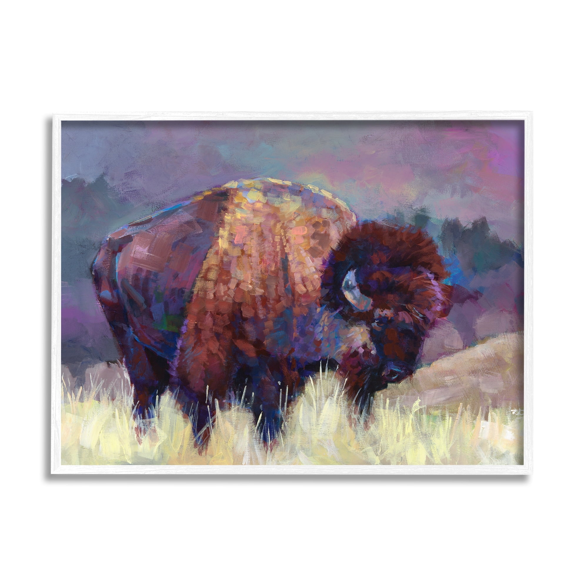 Stupell Industries Vibrant Bison Grazing Rural Meadow Purple Landscape Painting White Framed Art Print Wall Art, Design by Robert Jackson