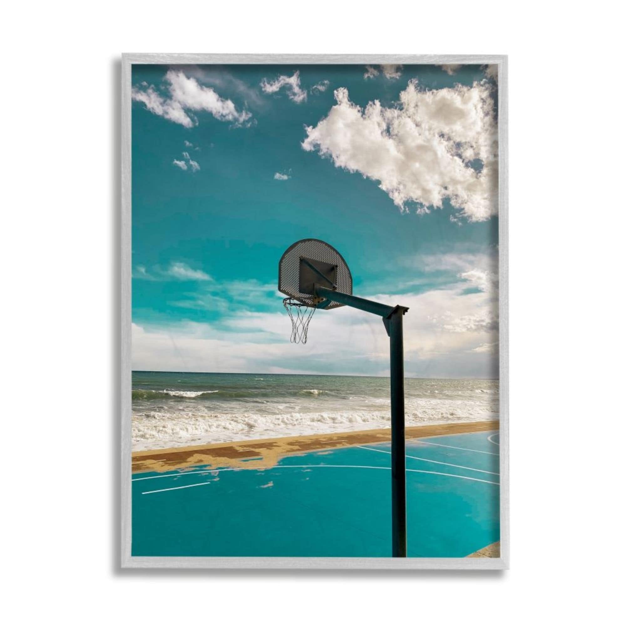 Stupell Industries Vibrant Blue Basketball Hoop Coastal Beach Court Design by Unsplash, 11" x 14", Gray Framed