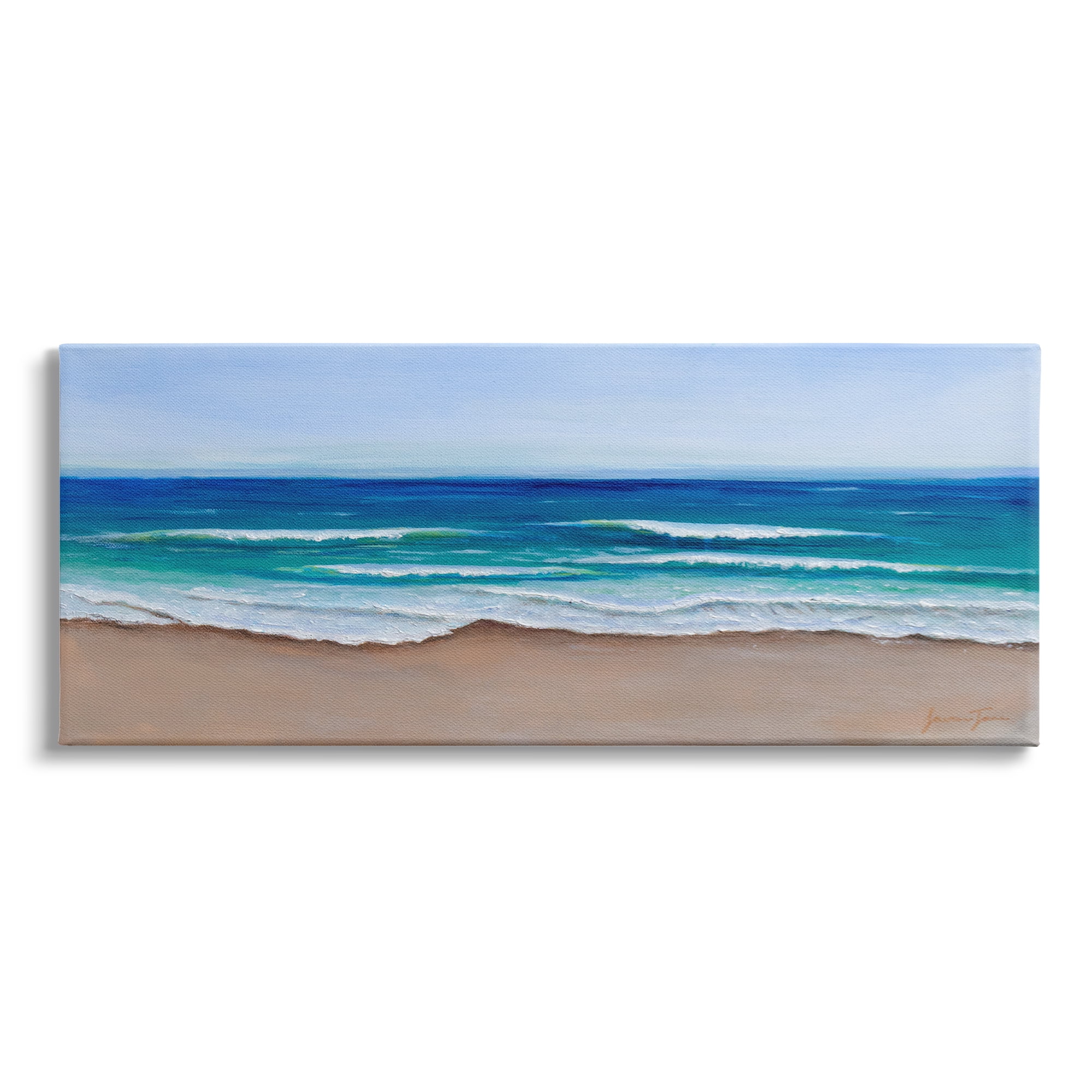 Stupell Industries Vibrant Blue Beach Coast Ocean Shoreline Panoramic Painting, 24 x 10, Design by Lauren Jane