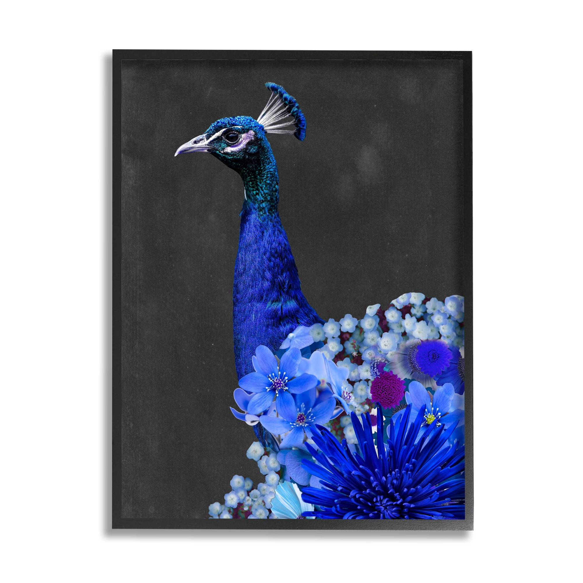 Stupell Industries Vibrant Blue Floral Peacock Animals & Insects Painting Black Framed Art Print Wall Art, 24 x 30