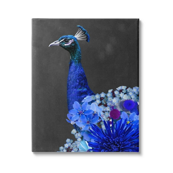 Stupell Industries Vibrant Blue Floral Peacock Animals & Insects Painting Gallery Wrapped Canvas Art Print Wall Art, 24 x 30