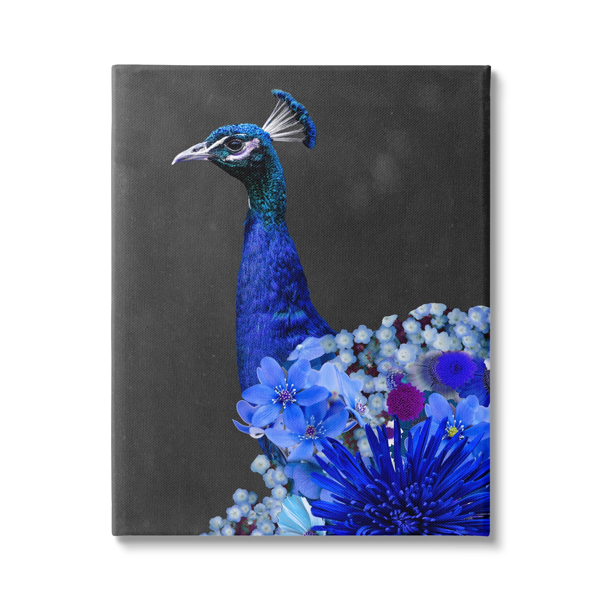 Stupell Industries Vibrant Blue Floral Peacock Animals & Insects Painting Gallery Wrapped Canvas Art Print Wall Art, 30 x 40