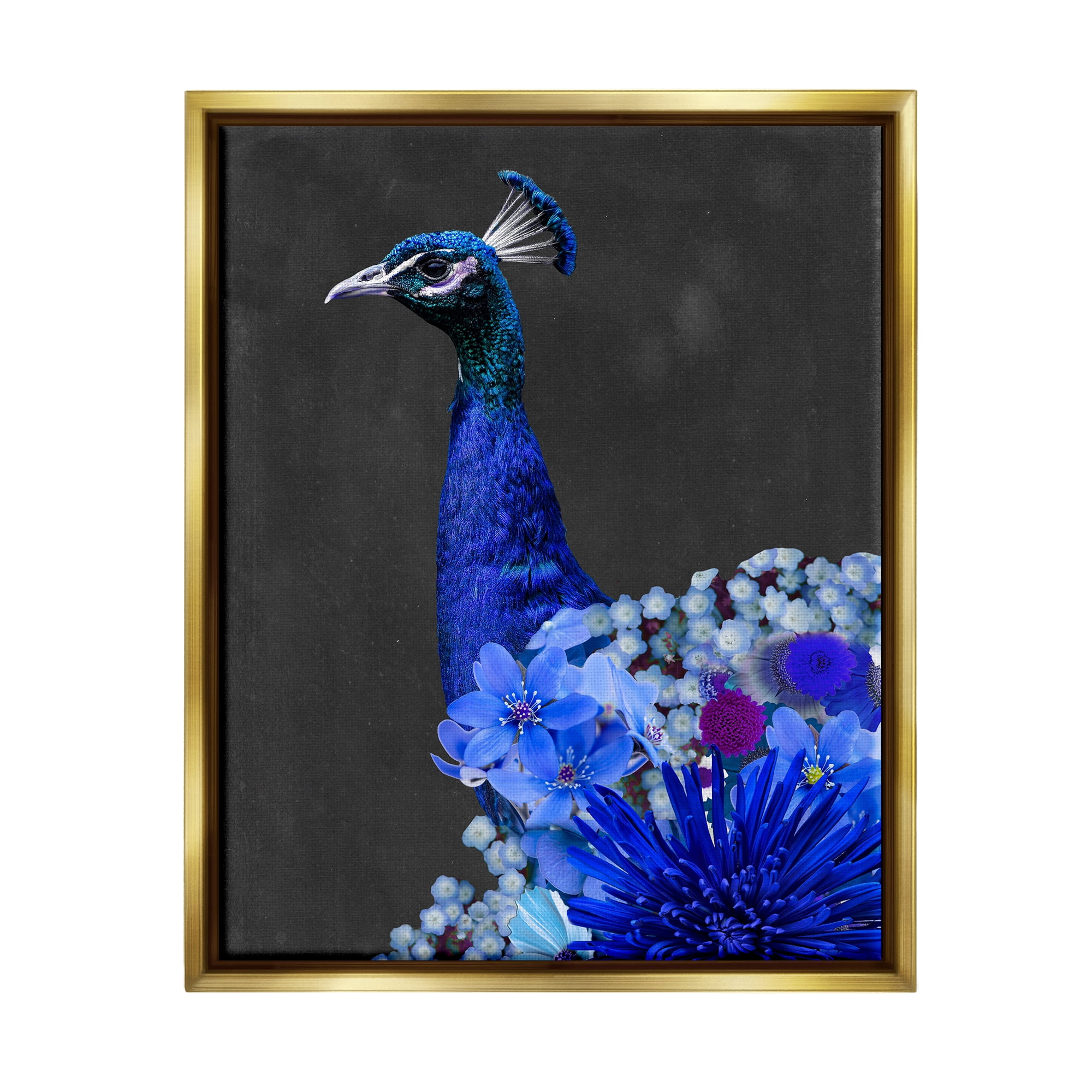 Stupell Industries Vibrant Blue Floral Peacock Animals & Insects Painting Gold Floater Framed Canvas Art Print Wall Art, 25 x 31
