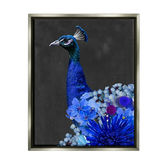 Stupell Industries Vibrant Blue Floral Peacock Animals & Insects Painting Gray Floater Framed Canvas Art Print Wall Art, 17 x 21