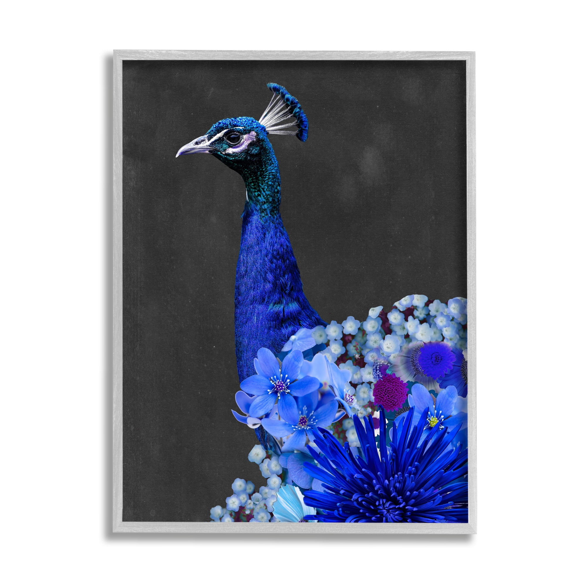 Stupell Industries Vibrant Blue Floral Peacock Animals & Insects Painting Gray Framed Art Print Wall Art, 16 x 20