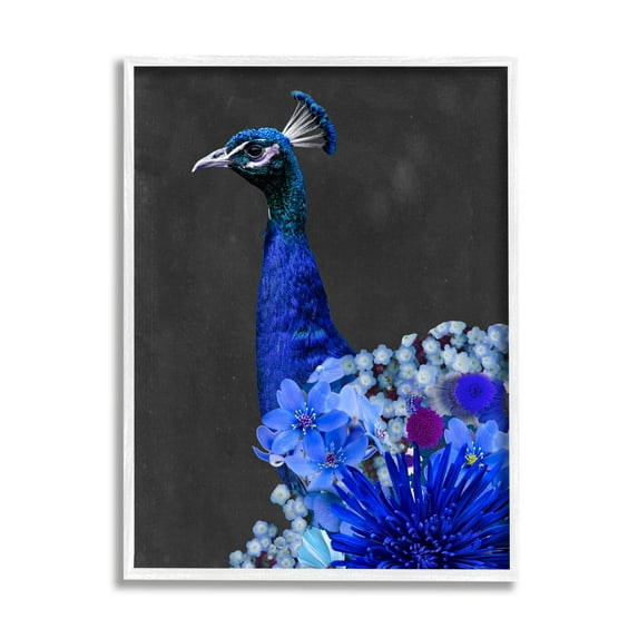 Stupell Industries Vibrant Blue Floral Peacock Animals & Insects Painting White Framed Art Print Wall Art, 24 x 30