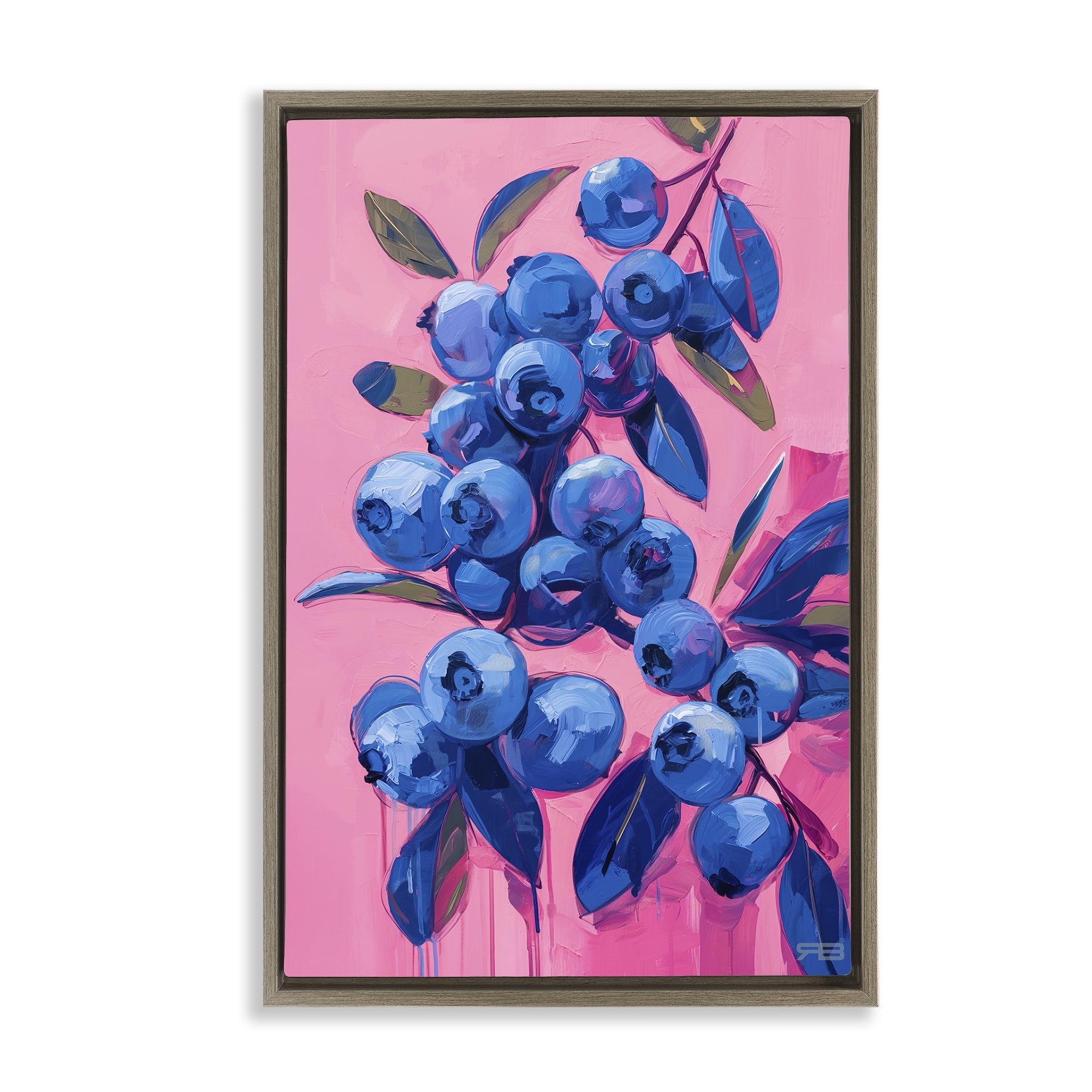 Stupell Industries Vibrant Blueberries on Pink Food & Beverage Painting Brown Floater Framed Canvas Art Print Wall Art, 17 x 25