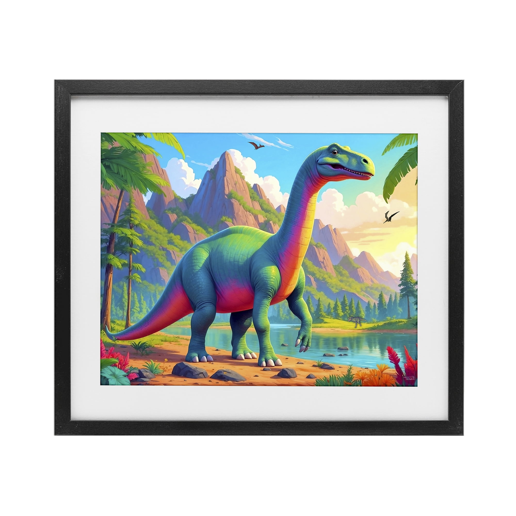 Stupell Industries Vibrant Brontosaurus by River Black Framed Print Under Glass, design by Tabz Jones
