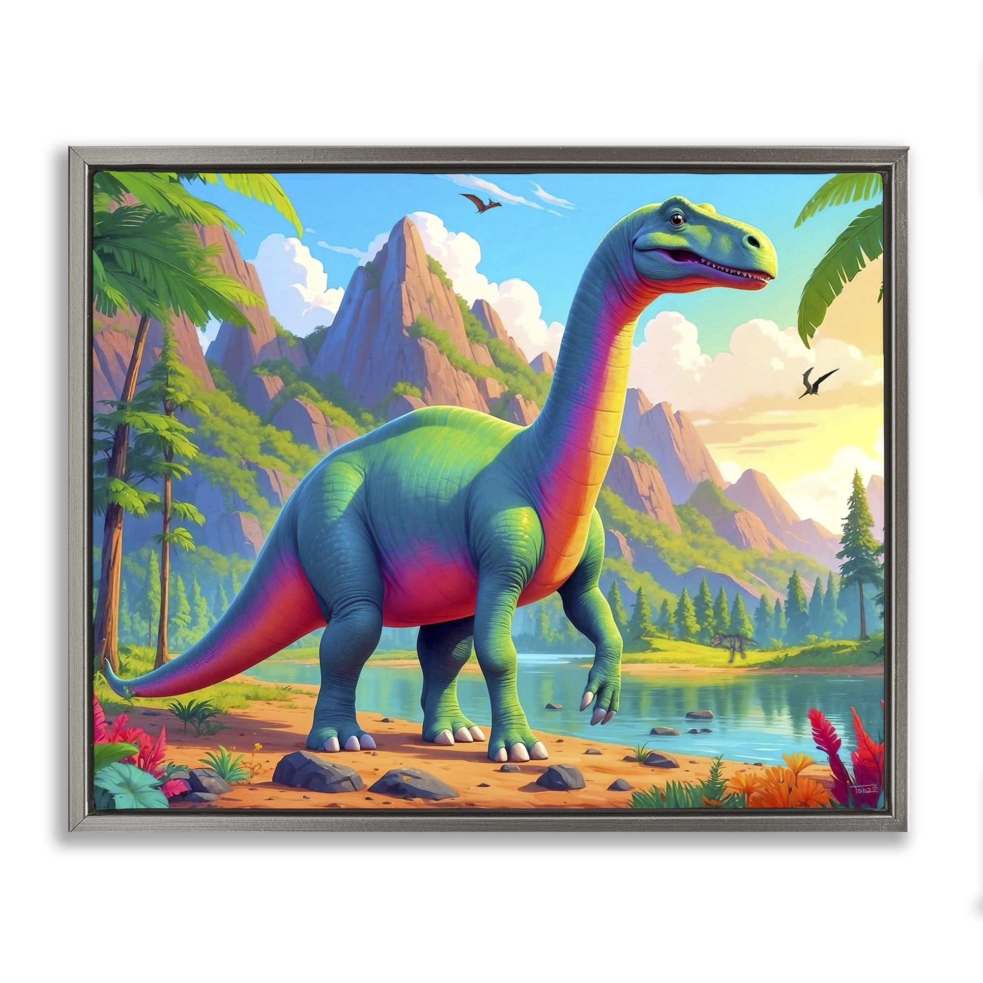 Stupell Industries Vibrant Brontosaurus by River Gray Framed Floater Canvas Wall Art, design by Tabz Jones