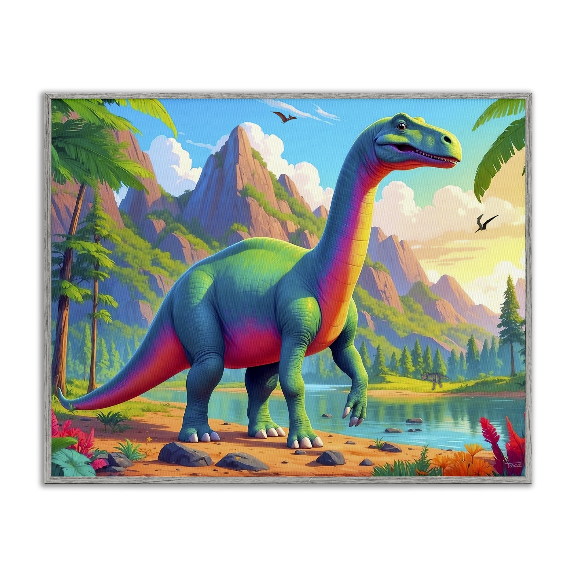 Stupell Industries Vibrant Brontosaurus by River Gray Framed Giclee Art, design by Tabz Jones