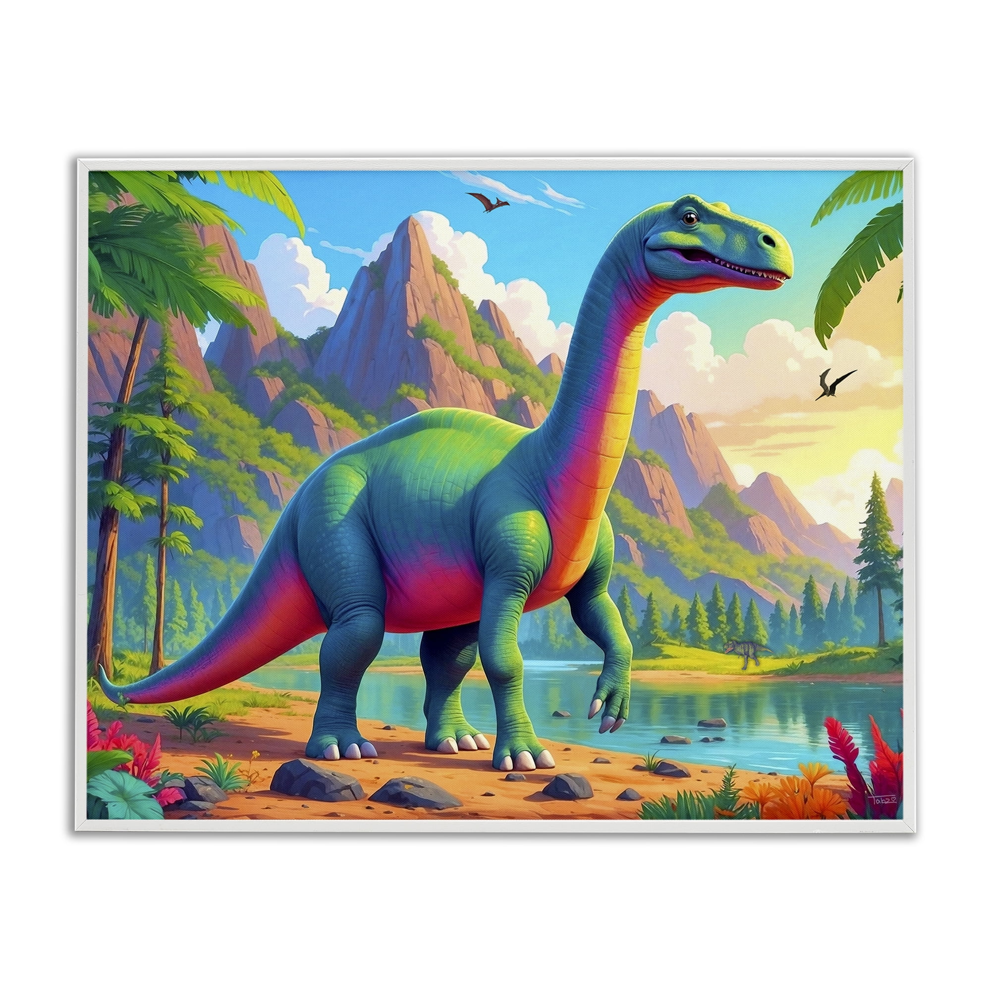 Stupell Industries Vibrant Brontosaurus by River White Framed Giclee Art, design by Tabz Jones
