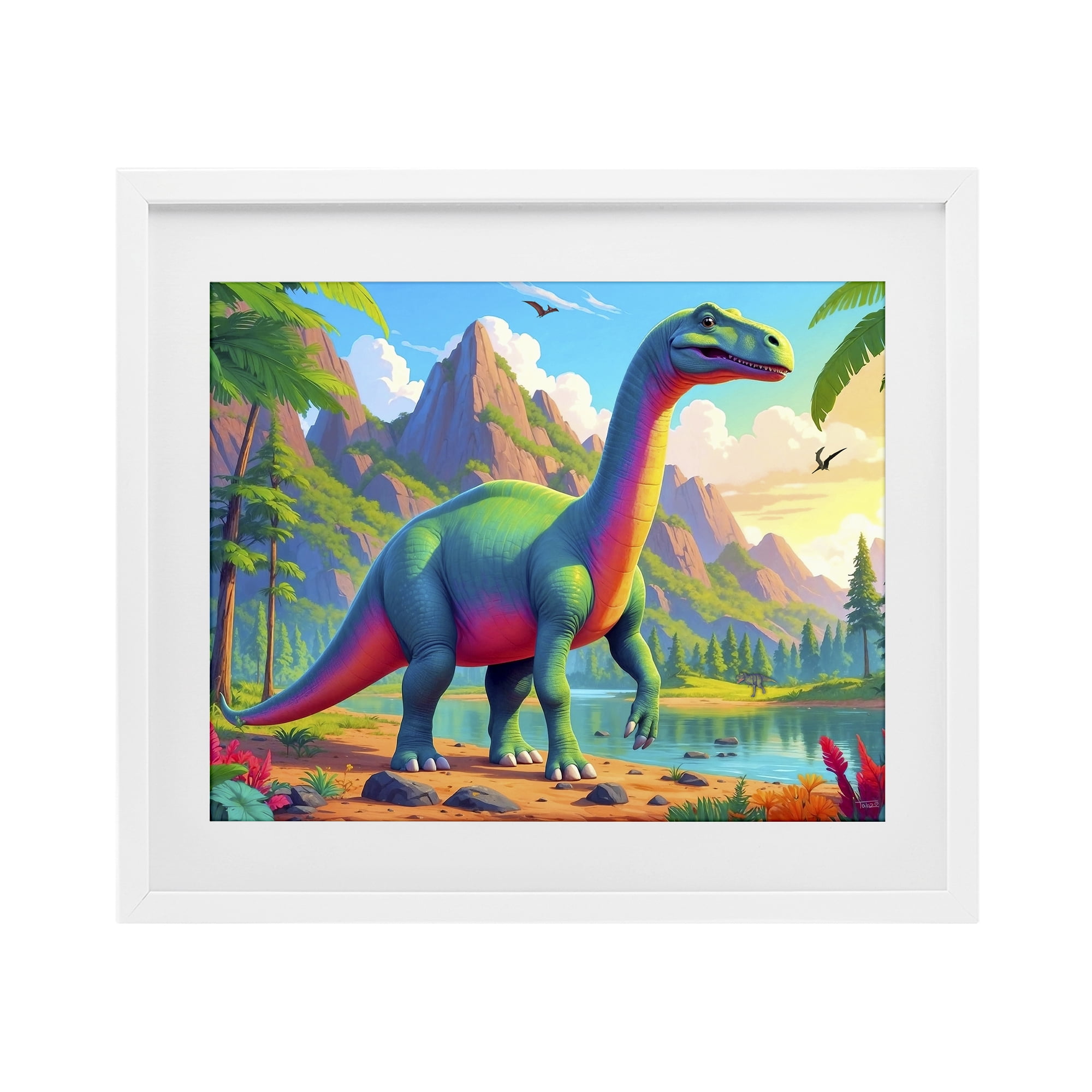 Stupell Industries Vibrant Brontosaurus by River White Framed Print Under Glass, design by Tabz Jones