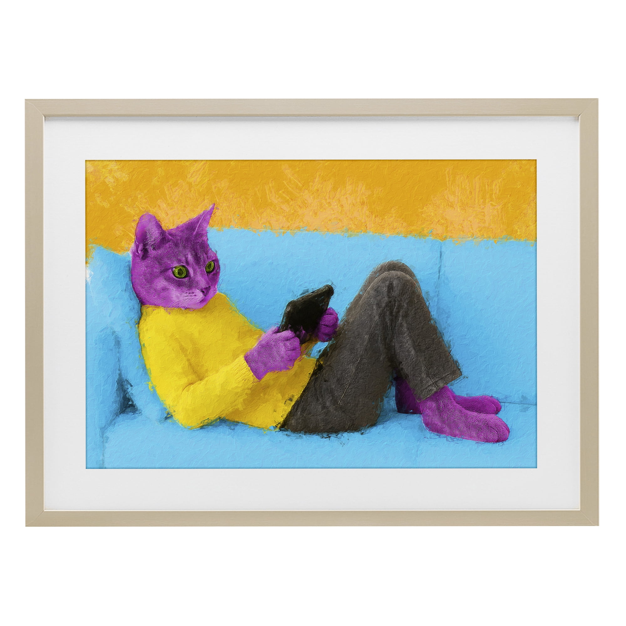 Stupell Industries Vibrant Cat Playing Game Birch Framed Print Under Glass, design by Sean Parnell