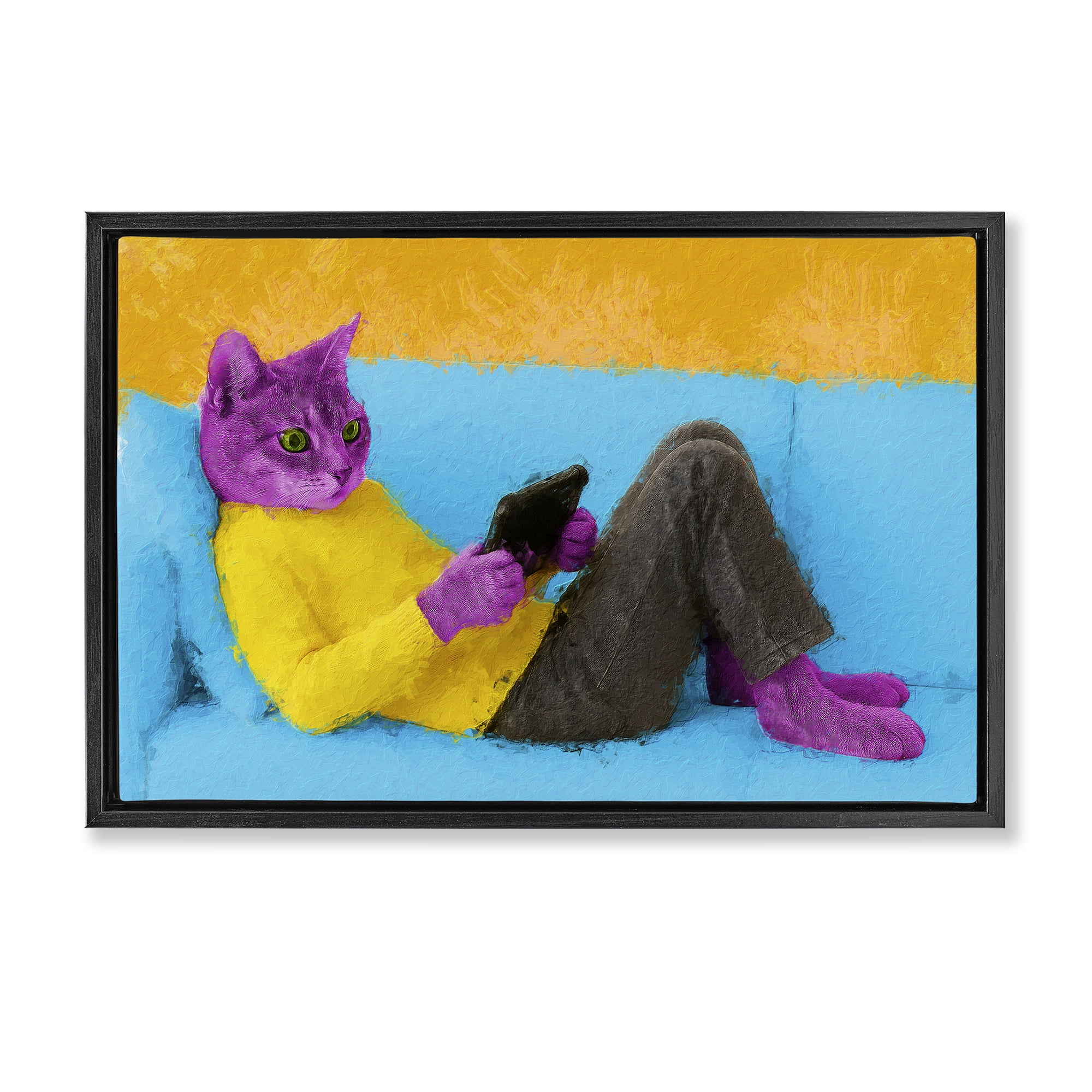 Stupell Industries Vibrant Cat Playing Game Black Framed Floater Canvas Wall Art, design by Sean Parnell