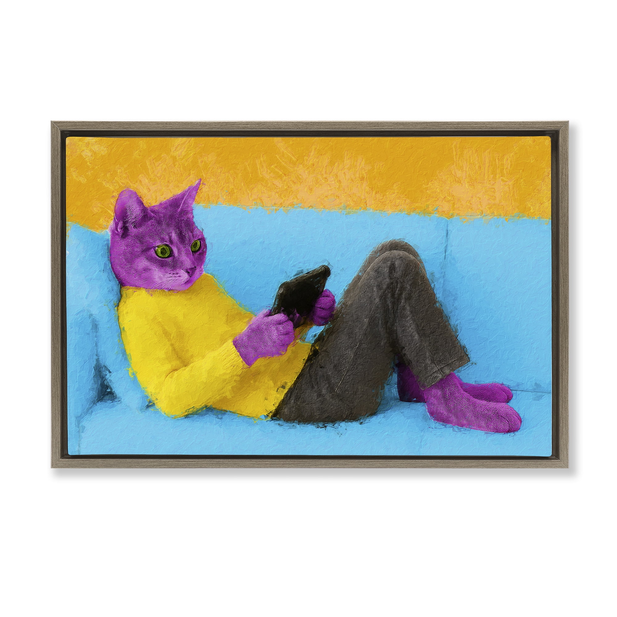 Stupell Industries Vibrant Cat Playing Game Brown Framed Floater Canvas Wall Art, design by Sean Parnell