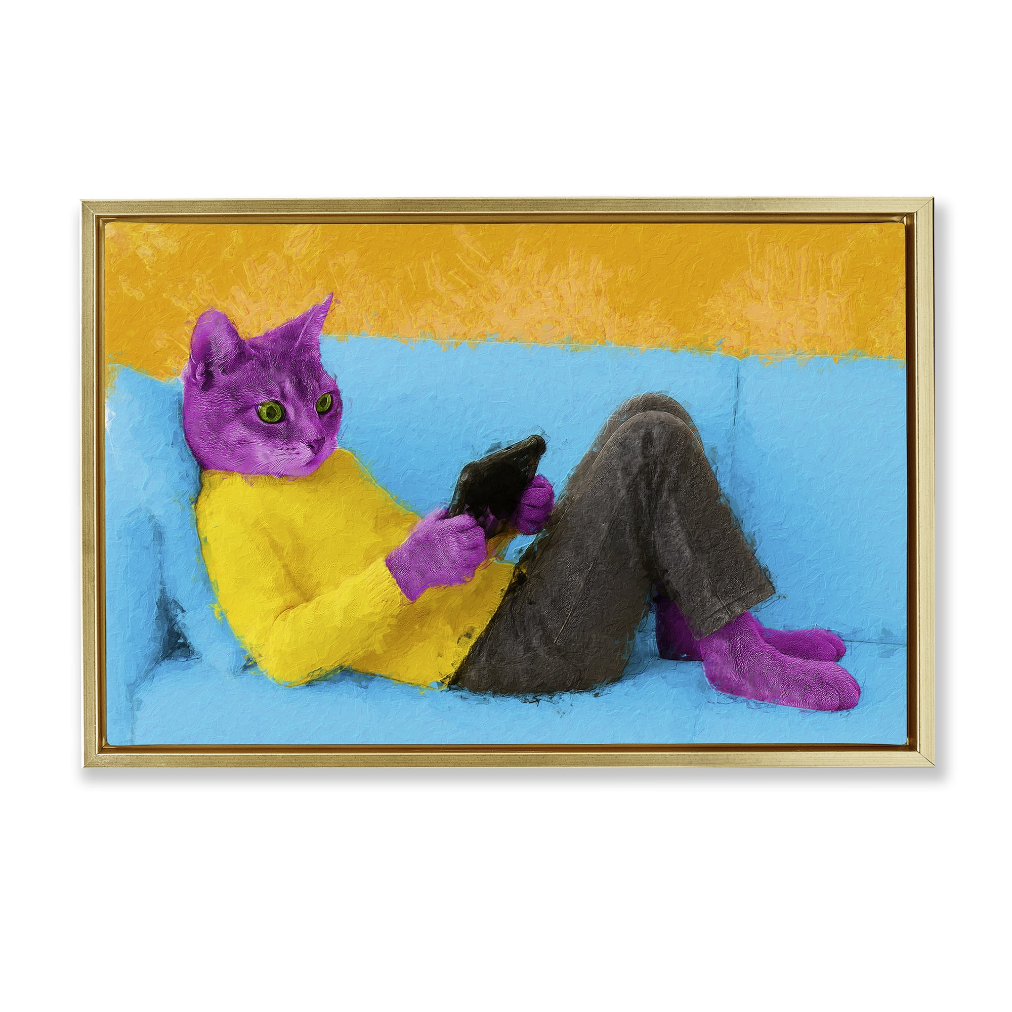 Stupell Industries Vibrant Cat Playing Game Gold Framed Floater Canvas Wall Art, design by Sean Parnell