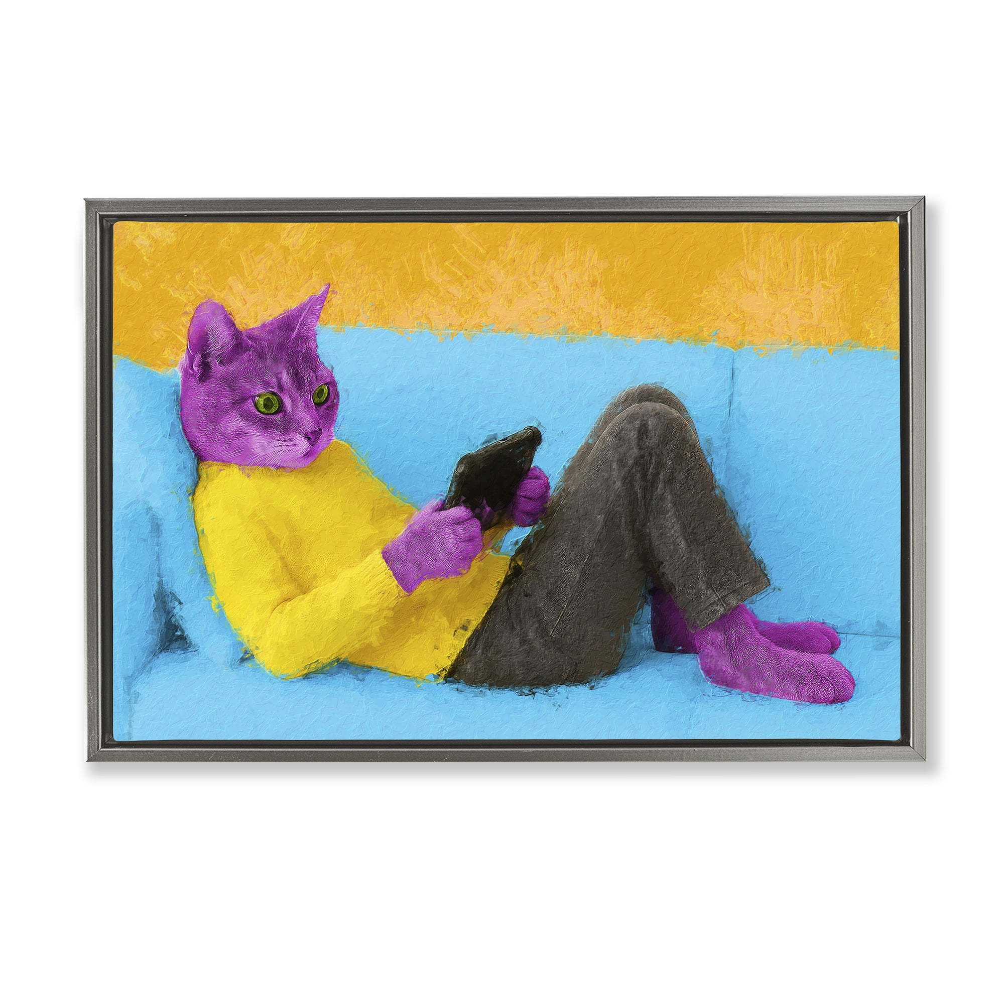 Stupell Industries Vibrant Cat Playing Game Gray Framed Floater Canvas Wall Art, design by Sean Parnell