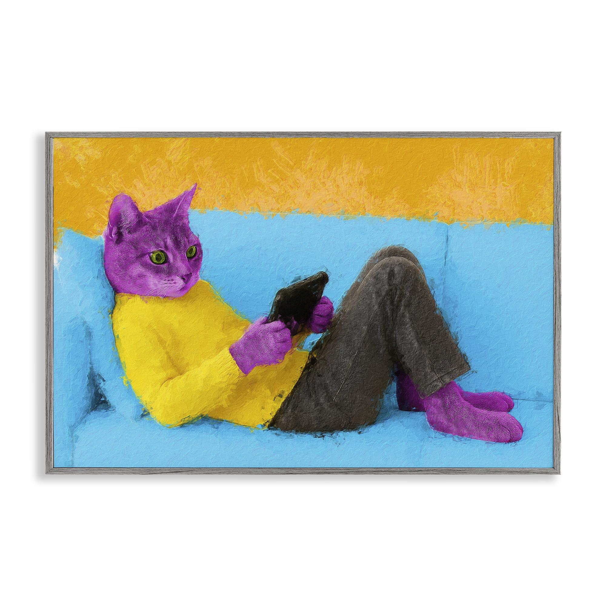 Stupell Industries Vibrant Cat Playing Game Gray Framed Giclee Art, design by Sean Parnell
