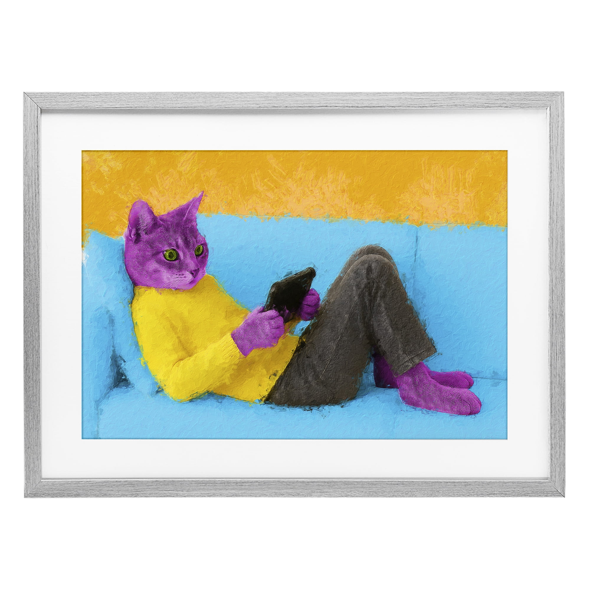 Stupell Industries Vibrant Cat Playing Game Gray Framed Print Under Glass, design by Sean Parnell