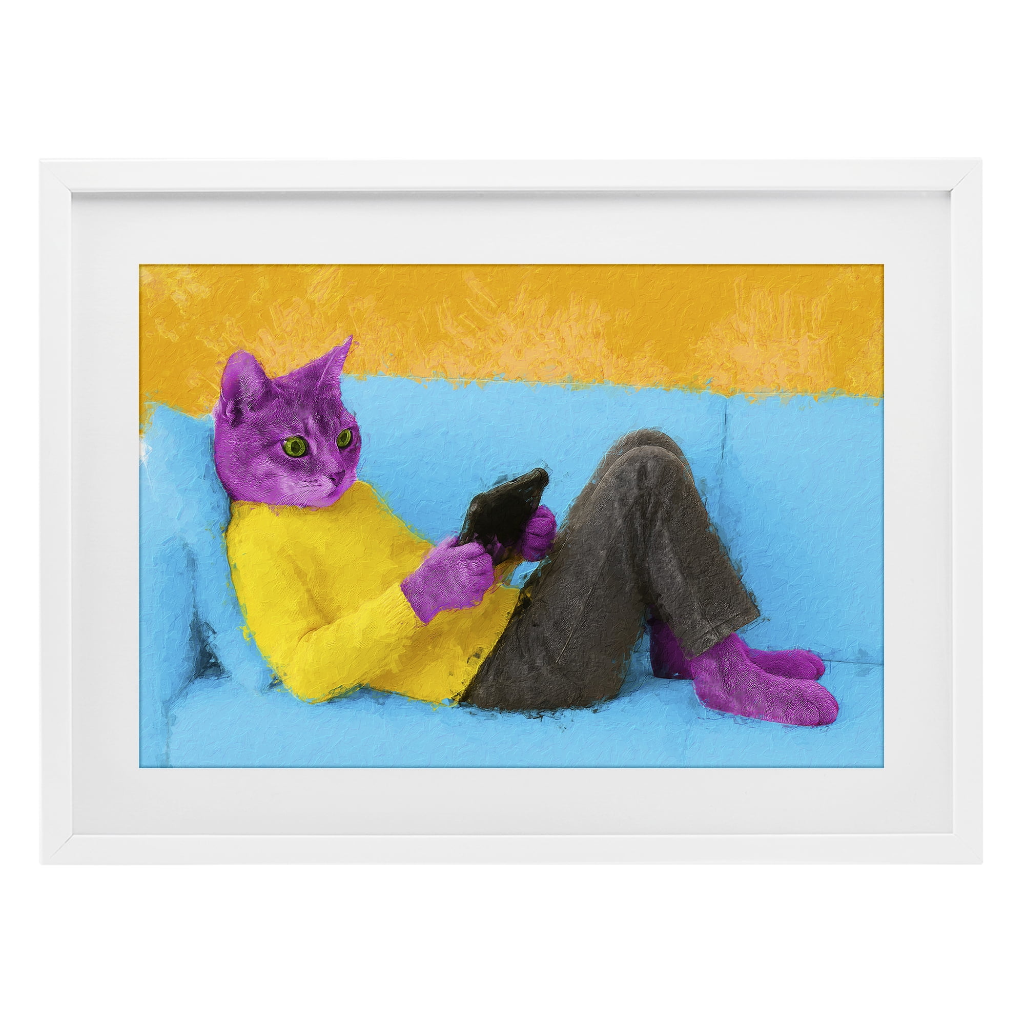 Stupell Industries Vibrant Cat Playing Game White Framed Print Under Glass, design by Sean Parnell