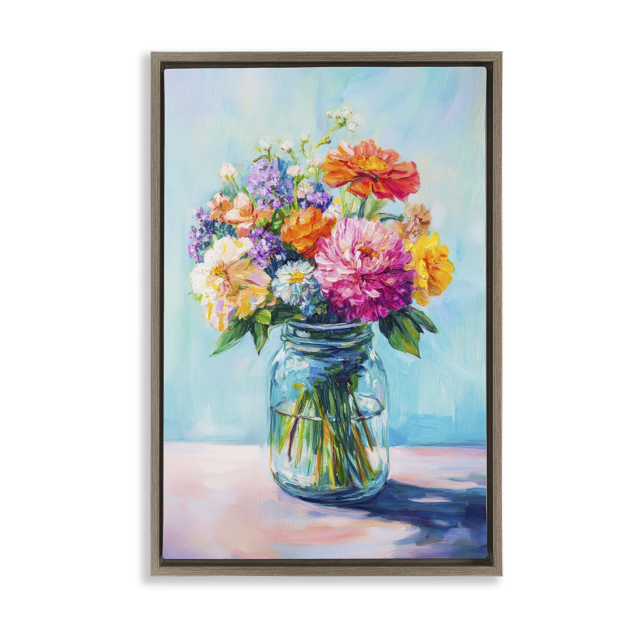 Stupell Industries Vibrant Country Jar Bouquet Brown Framed Floater Canvas Wall Art, design by Petal Prints Design