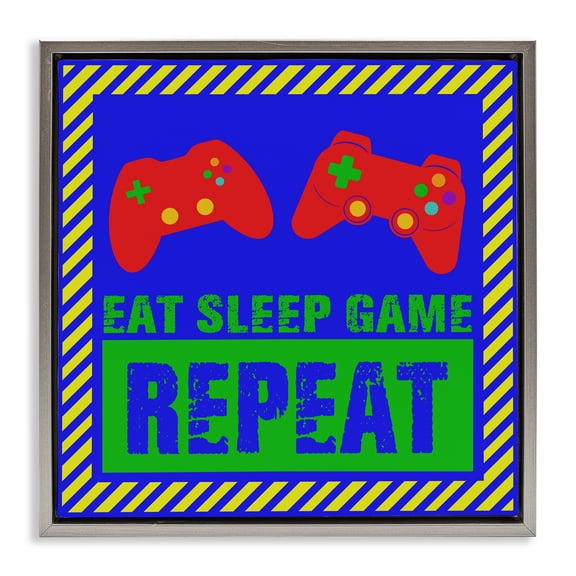 Stupell Industries Vibrant Eat Sleep Game Repeat Gray Framed Floater Canvas Wall Art, design by Marcus Prime