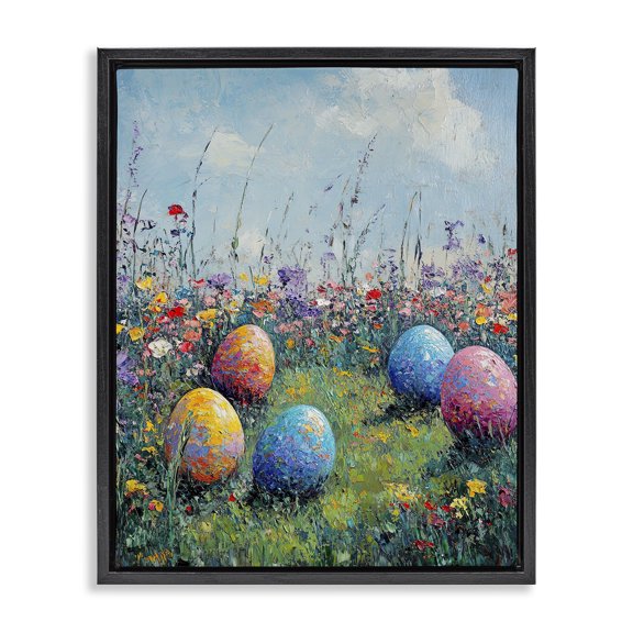 Vibrant Egg Hunt Scene Black Floating Frame Canvas Art, 17 x 21, Made In USA