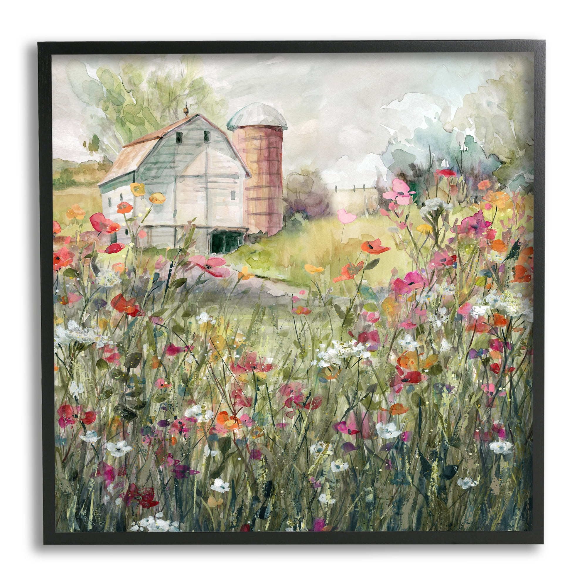Vibrant Nature Scene with Barn Black Framed Canvas Print