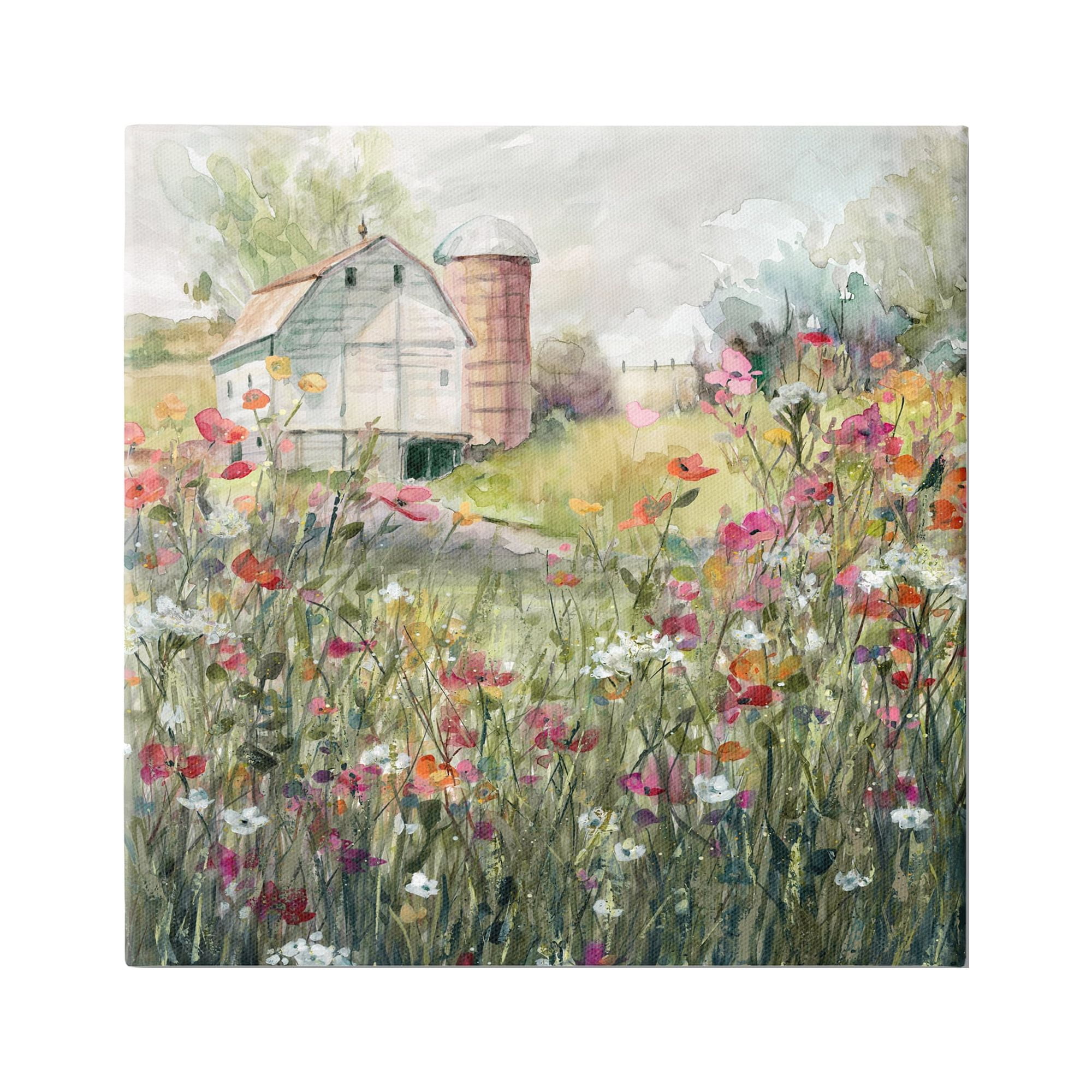 Vibrant Floral Landscape Canvas Art with Barn, 18x22