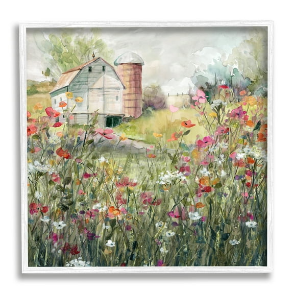 Stupell Industries Vibrant Flower Blossoms Surrounding Rural Barn Nature Painting White Framed Art Print Wall Art, Design by Carol Robinson