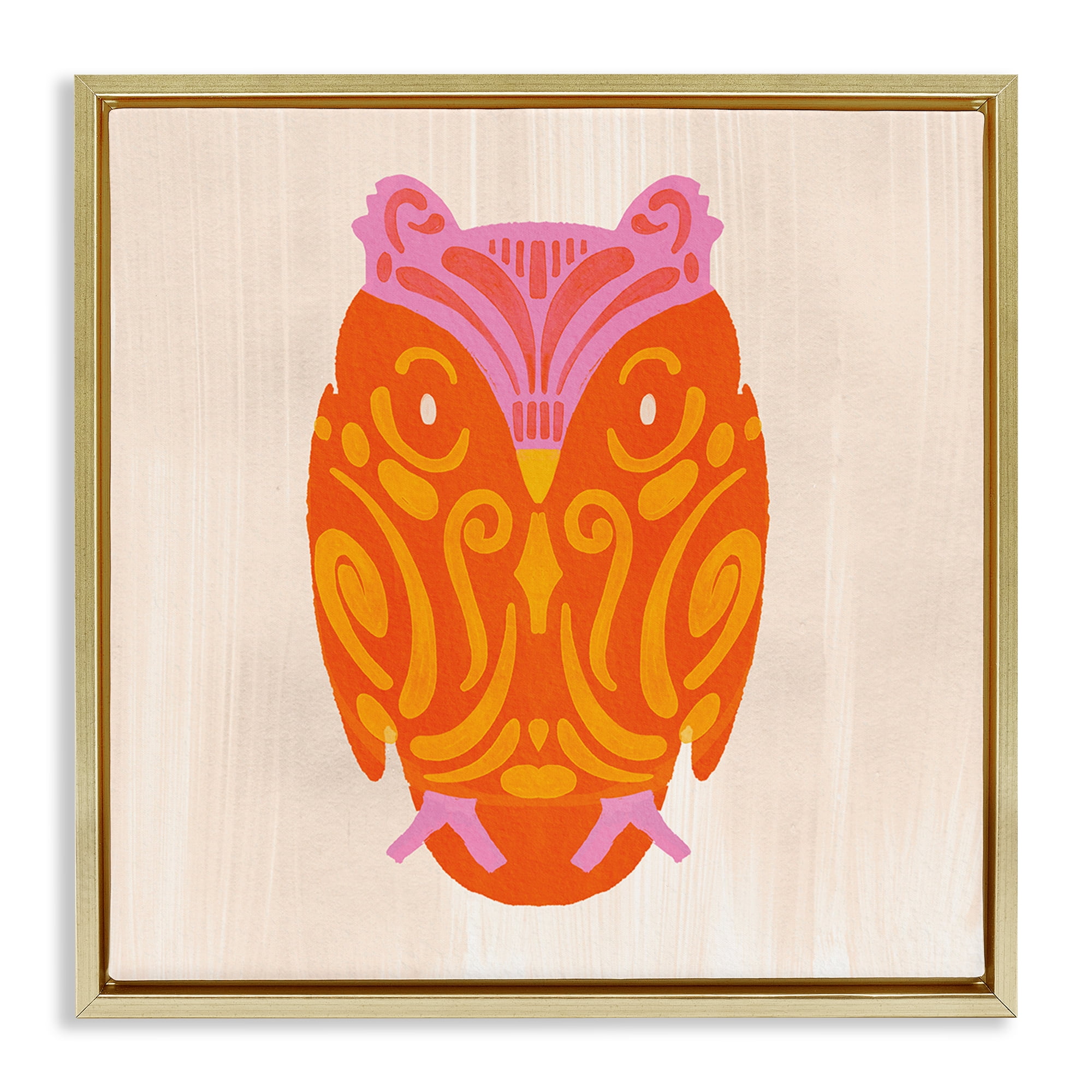 Stupell Industries Vibrant Folk Owl Motif Gold Framed Floater Canvas Wall Art, design by The Paper Curator