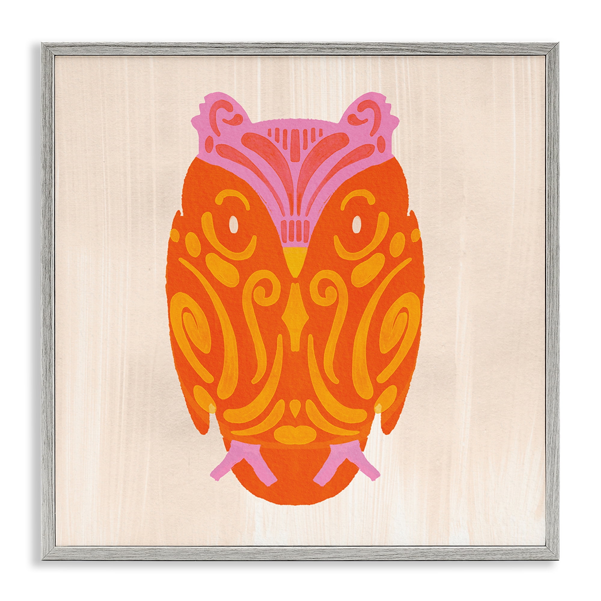 Stupell Industries Vibrant Folk Owl Motif Gray Framed Giclee Art, design by The Paper Curator