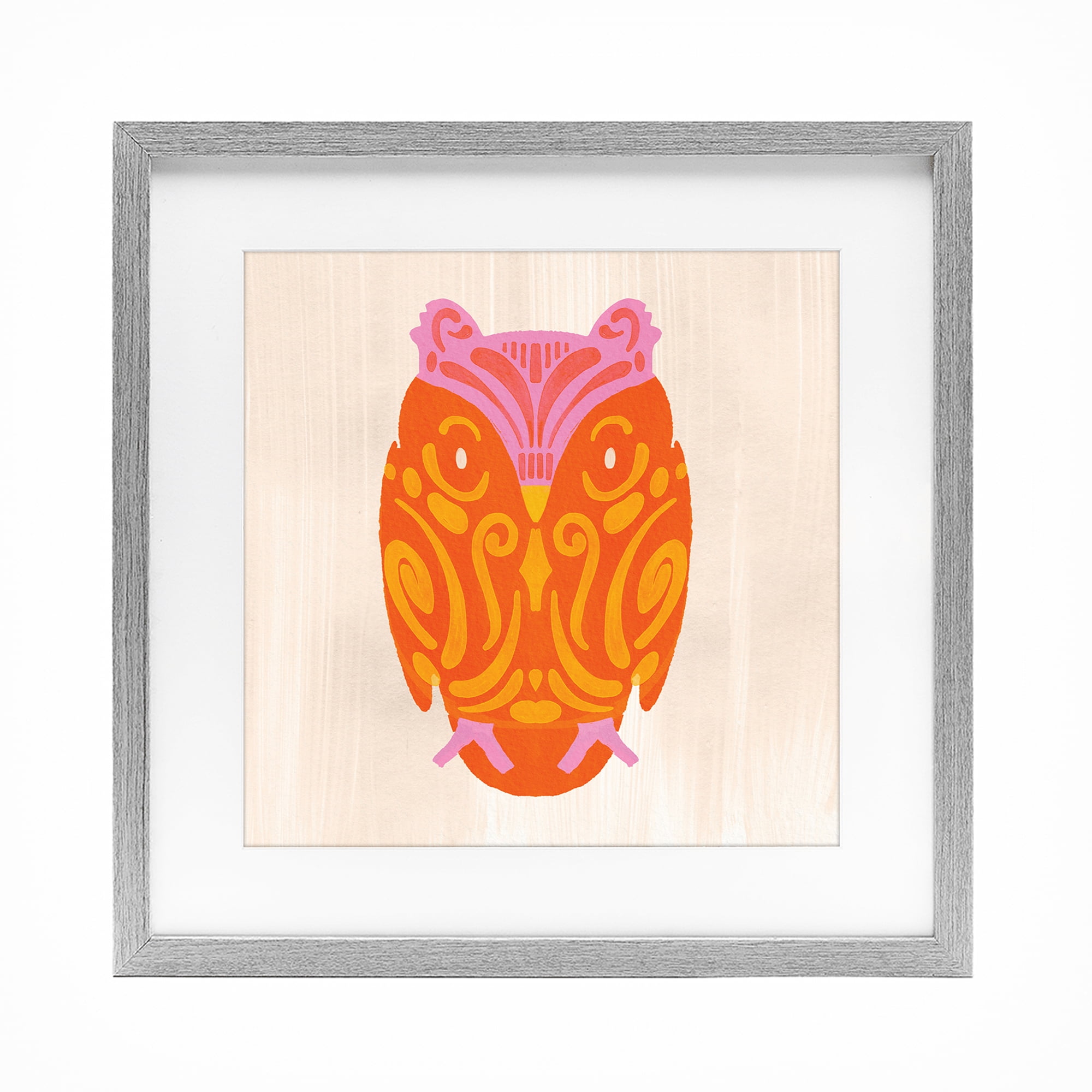 Stupell Industries Vibrant Folk Owl Motif Gray Framed Print Under Glass, design by The Paper Curator