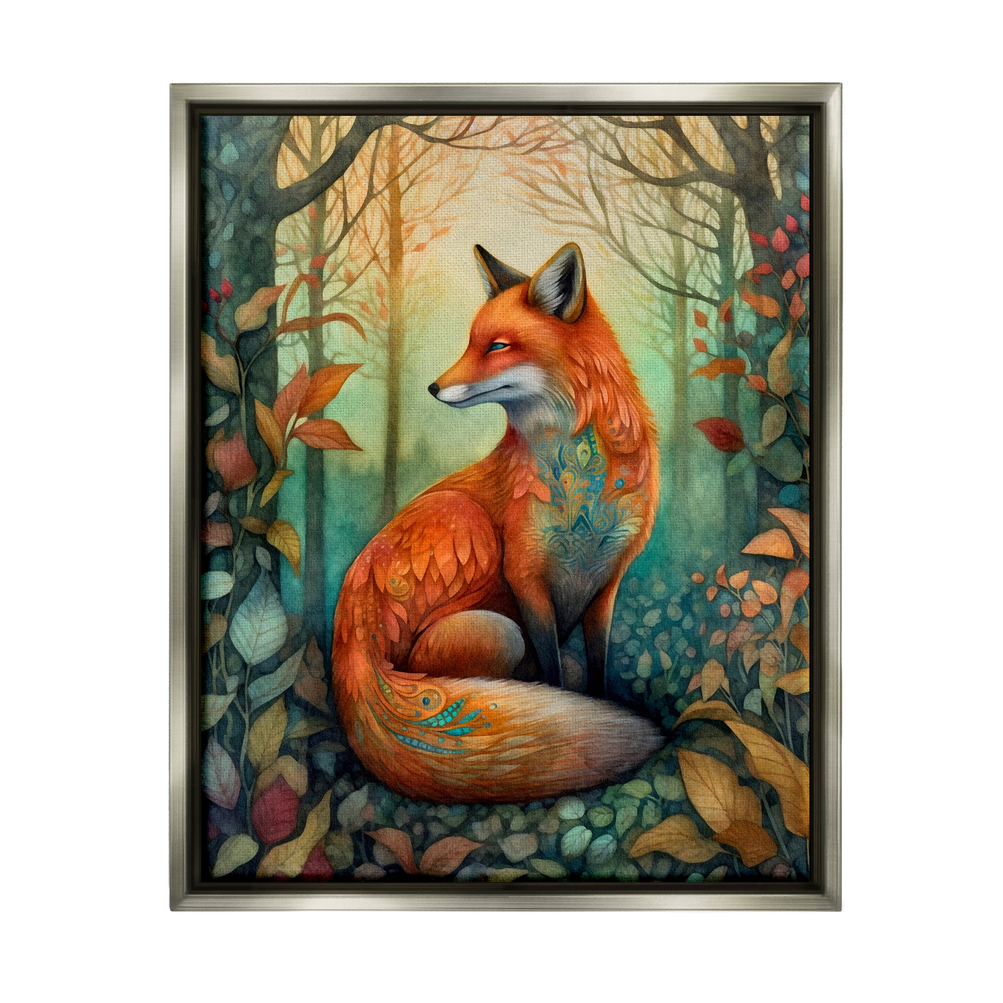 Stupell Industries Vibrant Fox in Forest Foliage Animals & Insects Painting Gray Floater Framed Canvas Art Print Wall Art, 25 x 31