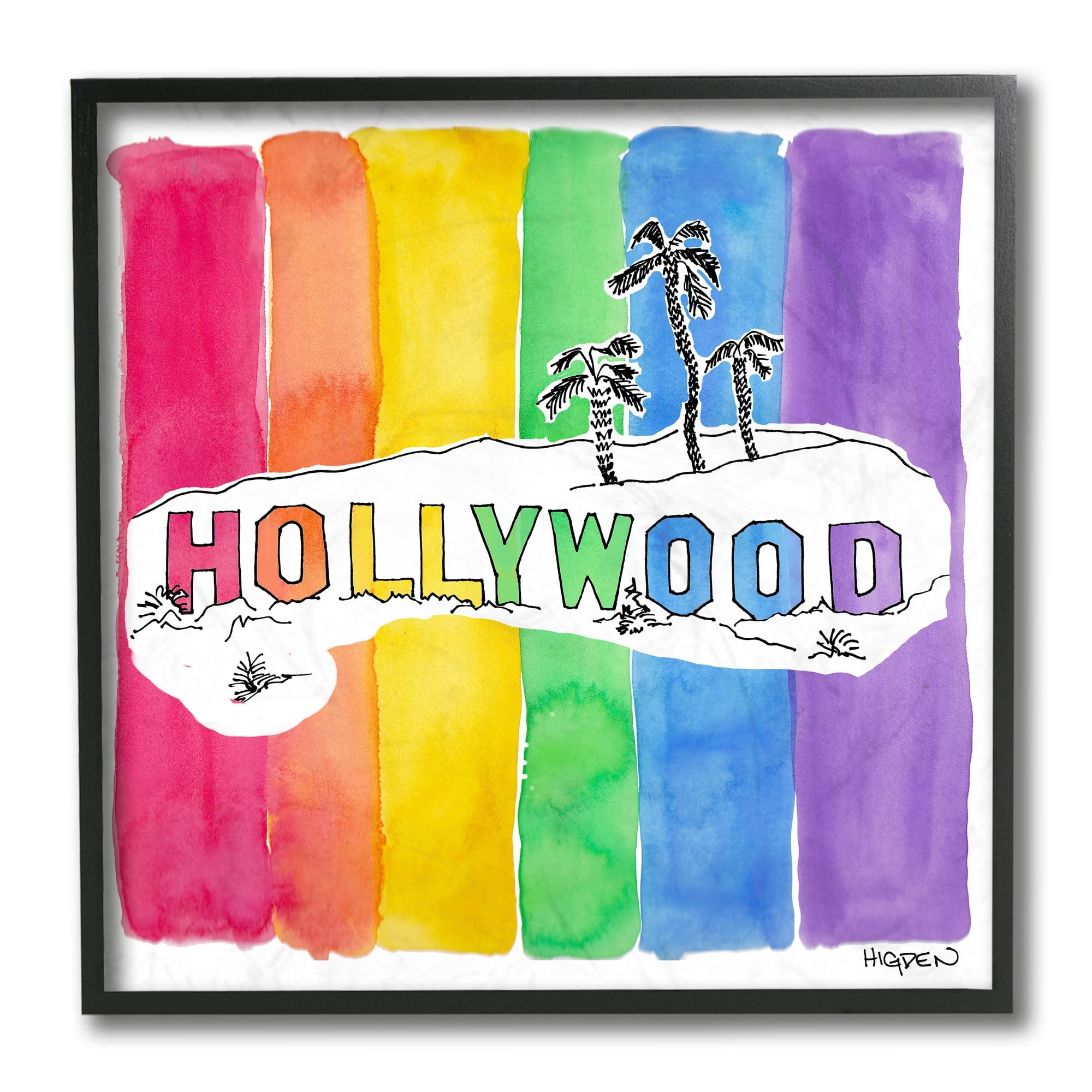 Stupell Industries Vibrant Hollywood Hills Watercolor Rainbow Text Black Framed by Mark Higden