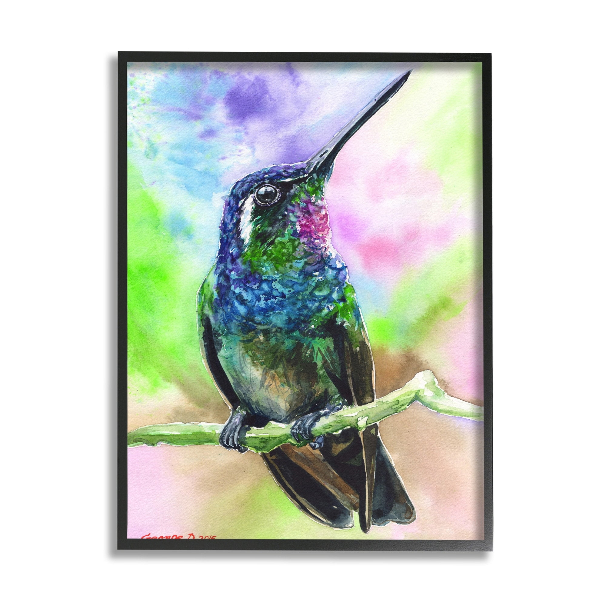 Stupell Industries Vibrant Hummingbird Perched Soft Tie-Dye Black Framed, 24 x 30, Design by George Dyachenko