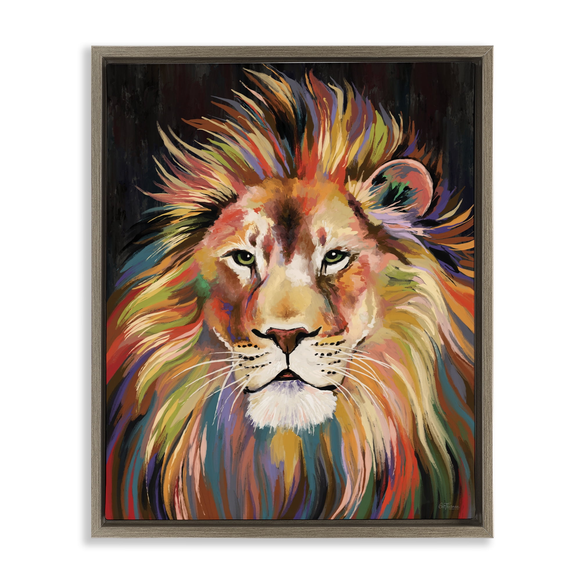 Stupell Industries Vibrant Majestic Rainbow Lion Brown Framed Floater Canvas Wall Art, design by Cat Thurman Designs