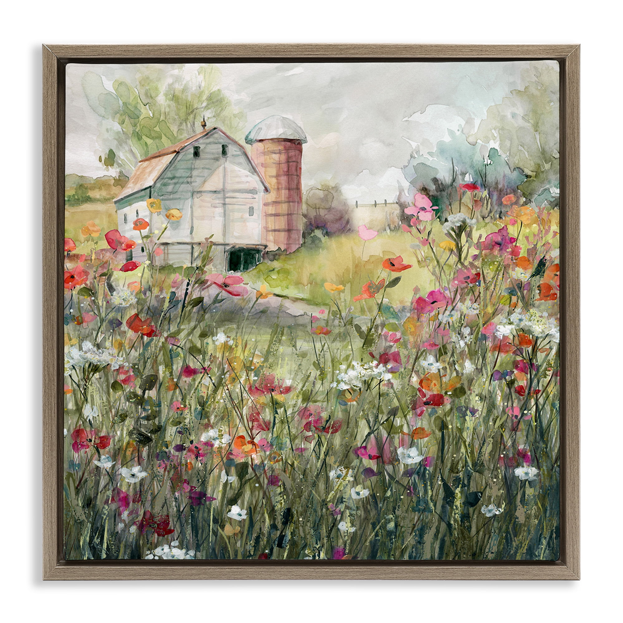 Stupell Industries Vibrant Meadow & Barn Botanical & Floral Painting Brown Floater Framed Canvas Art Print Wall Art, 18 x 18