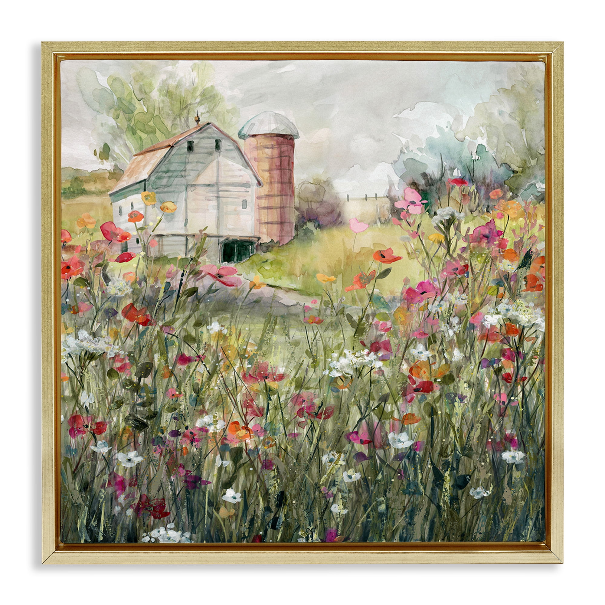 Stupell Industries Vibrant Meadow & Barn Botanical & Floral Painting Gold Floater Framed Canvas Art Print Wall Art, 18 x 18