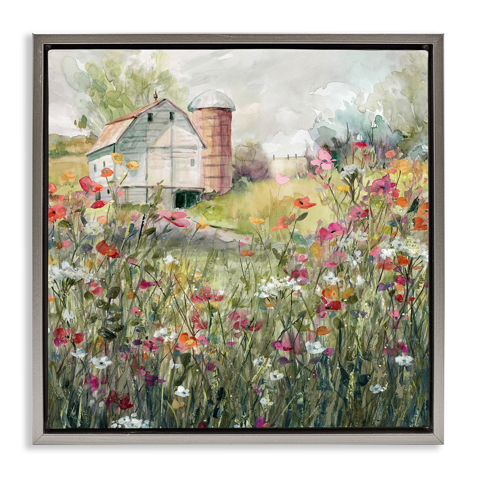 Stupell Industries Vibrant Meadow & Barn Botanical & Floral Painting Gray Floater Framed Canvas Art Print Wall Art, 18 x 18