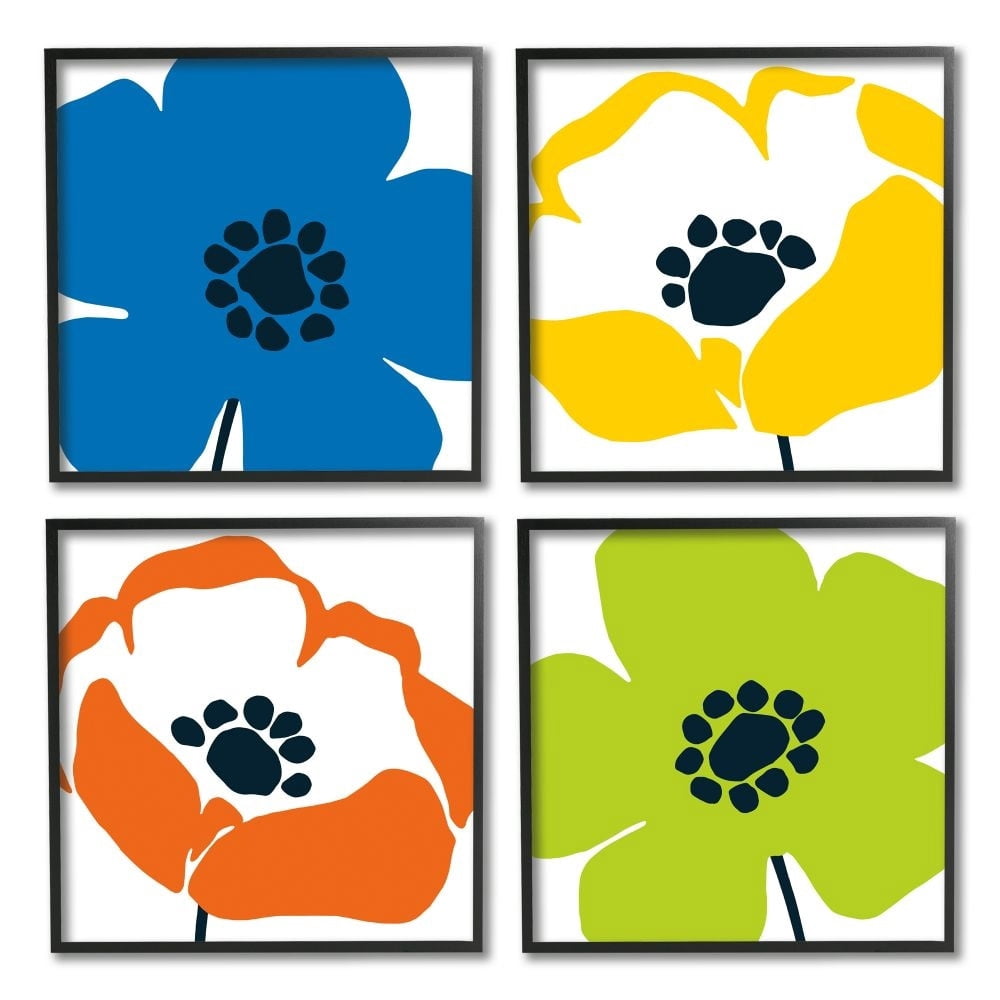 Stupell Industries Vibrant Modern Floral Collage Multi-color Pop Framed Wall Art Design by Wild Apple Portfolio, 4 Piece, 12" x 12", Black Framed