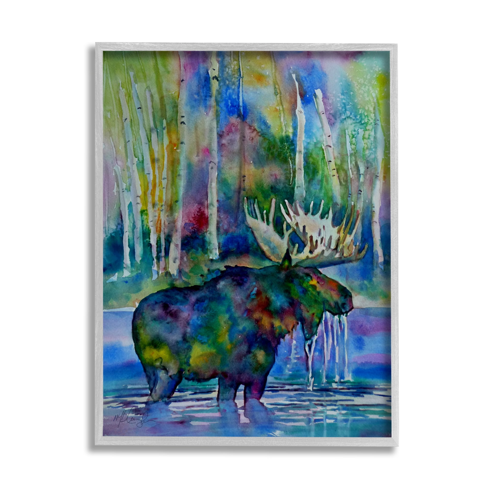 Stupell Industries Vibrant Moose Birch Trees Swimming Splashing Lake Paintings Gray Framed Art Print Wall Art, 11x14, by MB Cunningham