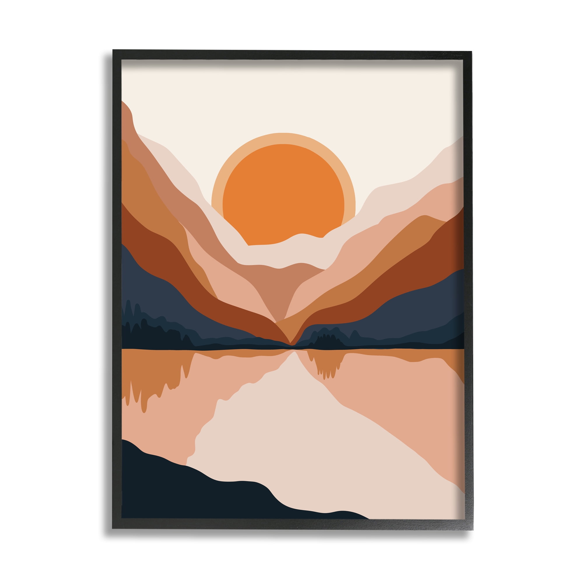 Stupell Industries Vibrant Orange Sunrise Minimal Mountain Lake Abstraction Rustic Painting Black Framed Art Print Wall Art, 16 x 20, Design by Ros Ruseva