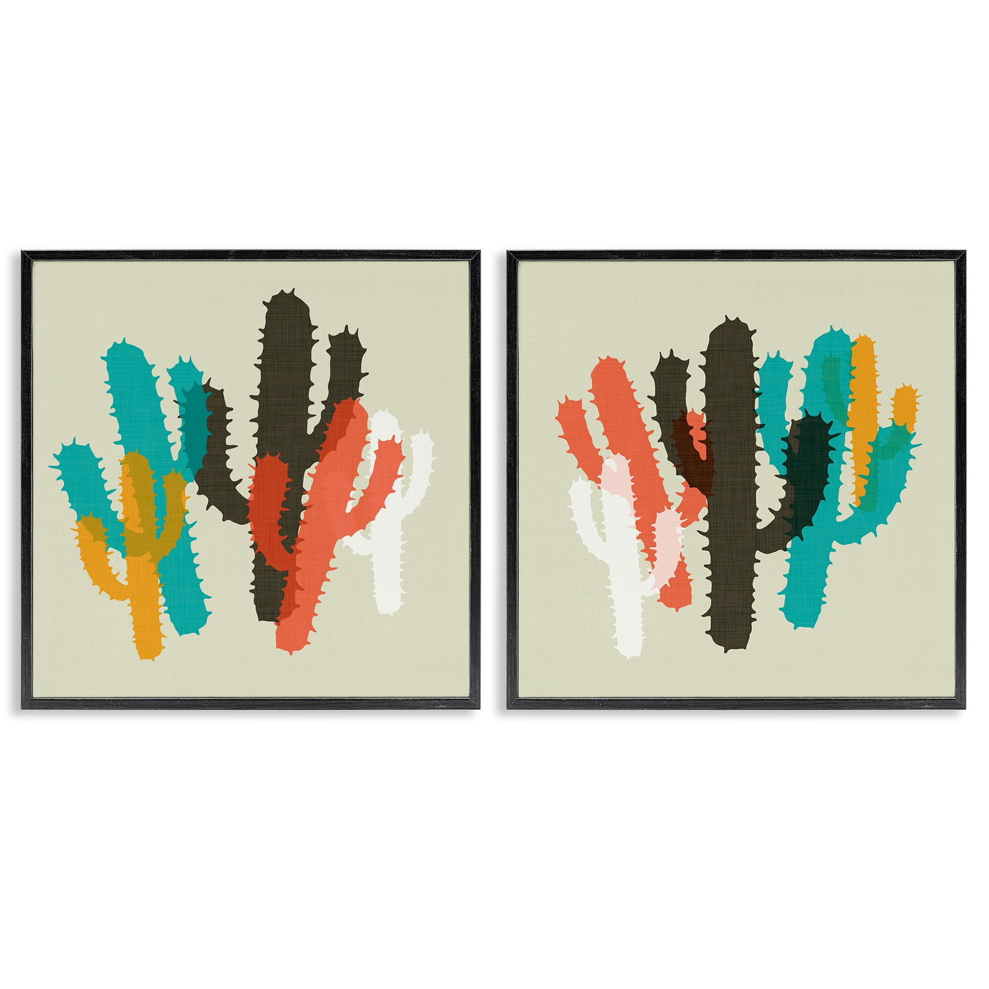 Stupell Industries Vibrant Overlapping Cactus Abstract Painting Black Framed Art Print Wall Art, 12 x 12, Set of 2