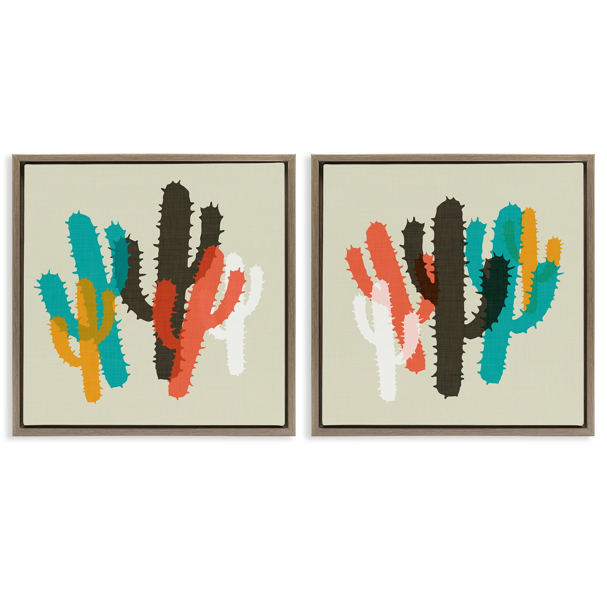 Stupell Industries Vibrant Overlapping Cactus Abstract Painting Brown Floater Framed Canvas Art Print Wall Art, 18 x 18, Set of 2