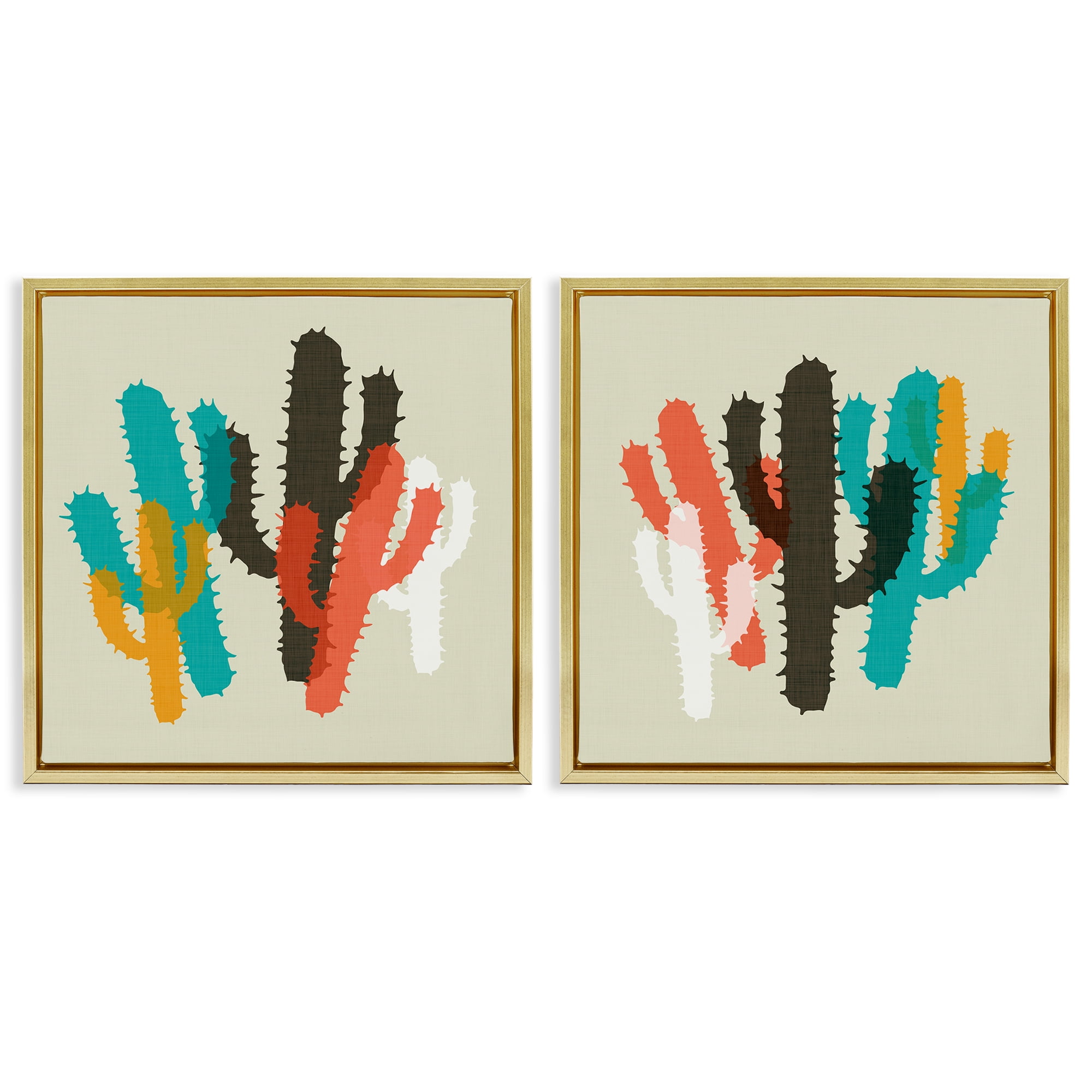 Stupell Industries Vibrant Overlapping Cactus Abstract Painting Gold Floater Framed Canvas Art Print Wall Art, 18 x 18, Set of 2