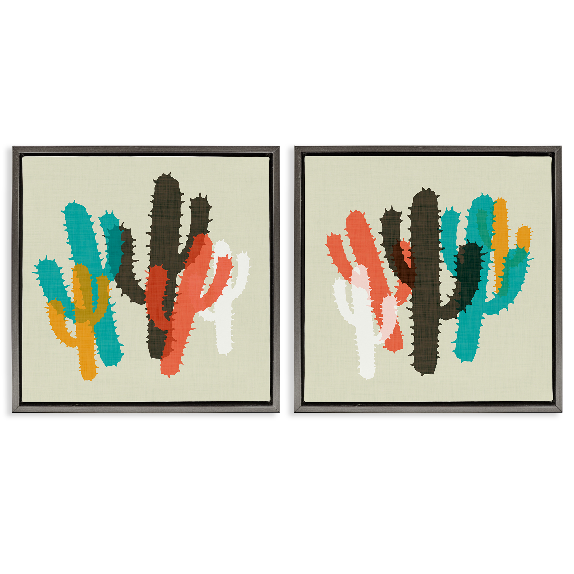 Stupell Industries Vibrant Overlapping Cactus Abstract Painting Gray Floater Framed Canvas Art Print Wall Art, 18 x 18, Set of 2